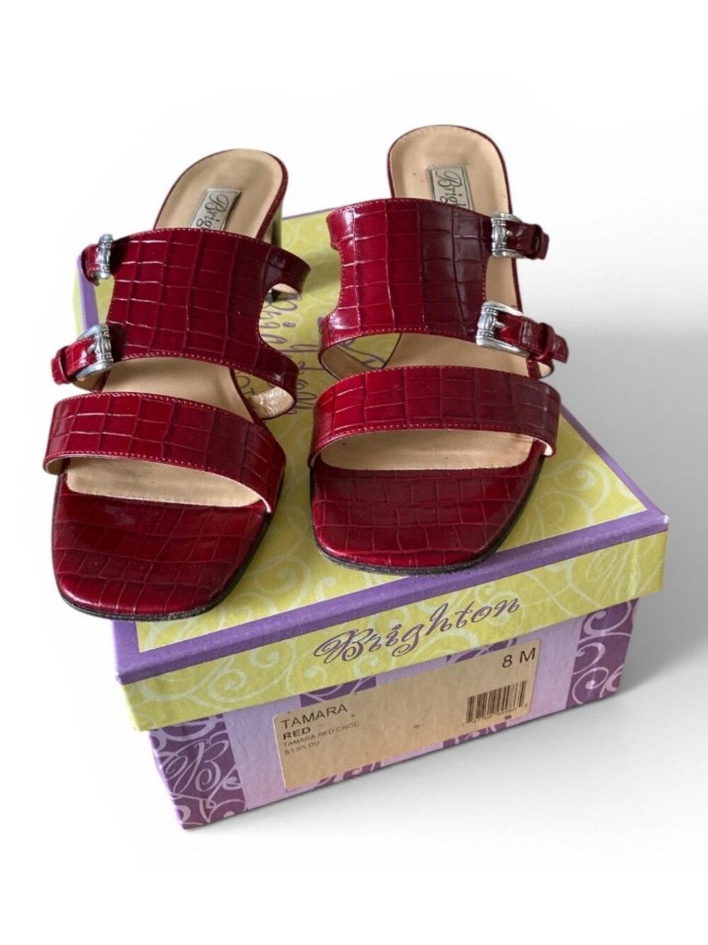 Brighton Leather Tamara Slip-On Heels Sandals Size 8 Red Crocodile Italy